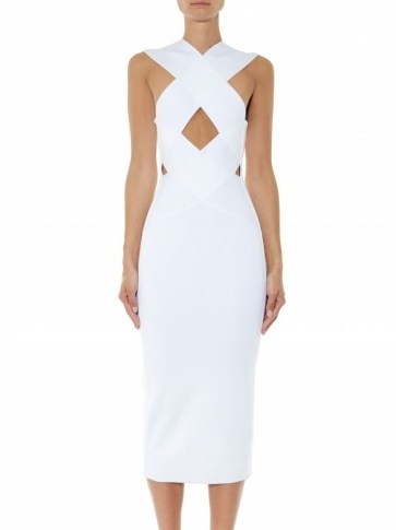 BALMAIN Crossover cutaway stretch-knit midi dress in white ~ dresses ~ occasion - flipped