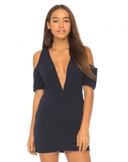 Motel Rocks Veratta Cut Out Dress in Navy. Dark Blue party dresses – cold shoulder style – plunge front neckline – plunging necklines – going out clothing – evening fashion - flipped
