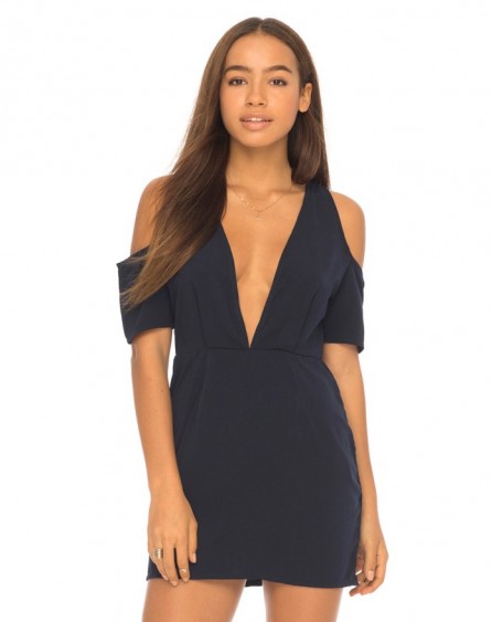 Motel Rocks Veratta Cut Out Dress in Navy. Dark Blue party dresses – cold shoulder style – plunge front neckline – plunging necklines – going out clothing – evening fashion