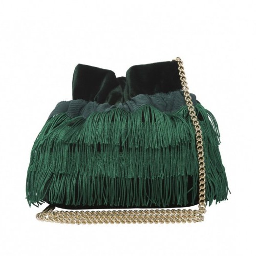 Bionda Castana – Estella Vintage Emerald Green Velvet Fringe Micro-Bag. Fringed bags – luxury handbags – chic accessories - flipped