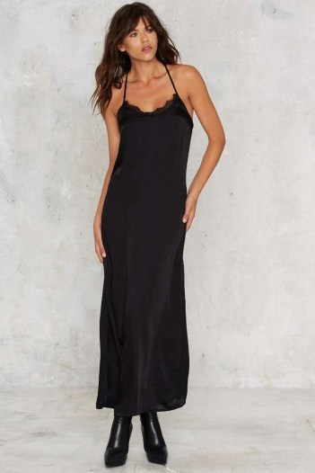 Full Force Satin Maxi Dress – long black satin dresses – slip style – party fashion – going out & glamorous - flipped