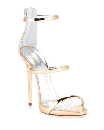 Giuseppe Zanotti Metallic Three-Strap Evening Sandal, Ramino – as worn by Taylor Swift at the Vanity Fair 2016 Oscar Party, 28 February 2016. Celebrity fashion | star style heels | stiletto heeled sandals | what celebrities wear to events - flipped