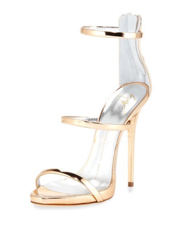Giuseppe Zanotti Metallic Three-Strap Evening Sandal, Ramino – as worn by Taylor Swift at the Vanity Fair 2016 Oscar Party, 28 February 2016. Celebrity fashion | star style heels | stiletto heeled sandals | what celebrities wear to events