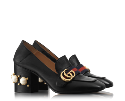 GUCCI leather mid-heel loafer in black with pearls and studs on heel ...