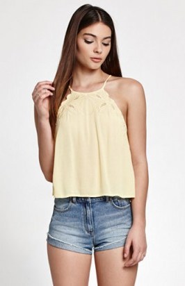 Kendall & Kylie Embroidered Goddess Neck Tank Top yellow. Summer style – camisole tops – sun tops – holiday fashion – day wear – warm weather clothing - flipped