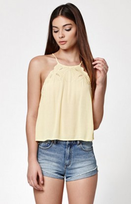 Kendall & Kylie Embroidered Goddess Neck Tank Top yellow. Summer style – camisole tops – sun tops – holiday fashion – day wear – warm weather clothing
