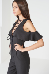 LAVISH ALICE Black Lace Up Plunge Open Sleeve Jumpsuit. Evening jumpsuits | party fashion | cold shoulder | plunging necklines | deep V neckline
