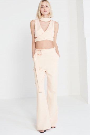LAVISH ALICE Nude Oversized D-ring Belt Tailored Flares. Flared trousers | luxe style fashion | evening wear - flipped