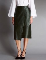 M&S AUTOGRAPH New Leather Belted A-Line Wrap Skirt olive ~ dark green skirts ~ asymmetrical hemline ~ stylish fashion ~ Marks & Spencer