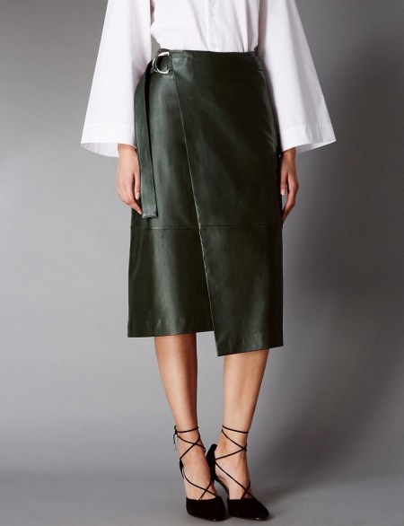 M&S AUTOGRAPH New Leather Belted A-Line Wrap Skirt olive ~ dark green skirts ~ asymmetrical hemline ~ stylish fashion ~ Marks & Spencer - flipped