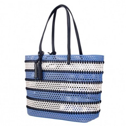 Loeffler Randall Perforated leather Beach Tote in periwinkle. Blue and white beach bags – holiday accessories – poolside chic - flipped