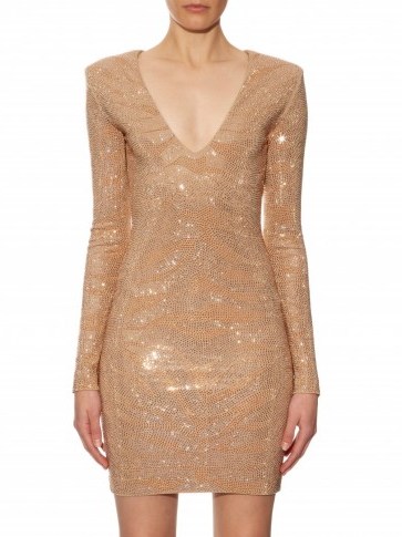 BALMAIN Long-sleeved glass stone-embellished dress in beige ~ dresses ~ occasion - flipped