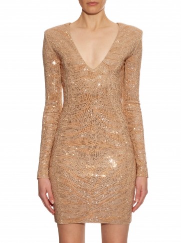 BALMAIN Long-sleeved glass stone-embellished dress in beige ~ dresses ~ occasion