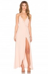LOVERS + FRIENDS X REVOLVE NOSTALGIA MAXI DRESS in nude. Plunge front | long plunging neckline dresses | low cut fashion