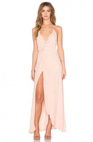 LOVERS + FRIENDS X REVOLVE NOSTALGIA MAXI DRESS in nude. Plunge front | long plunging neckline dresses | low cut fashion - flipped