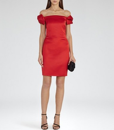 Reiss Mali bow detail dress poppy ~ red occasion dresses ~ satin ~ off the shoulder ~ glamorous fashion - flipped