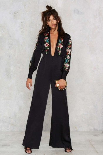 Nasty Gal Come Up Roses Embroidered Jumpsuit – black jumpsuits – evening fashion – party style – glamorous going out clothing – floral embroidery - flipped