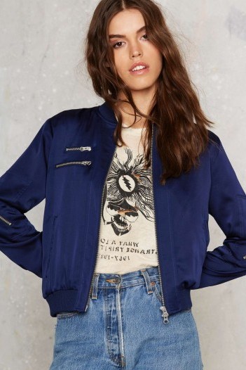 Nasty Gal Satin Lover Bomber Jacket. Casual blue jackets | weekend fashion - flipped