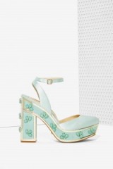 These are the cutest platforms ever!…Nasty Gal x Kat Maconie Elise Satin Platform – jewel embellished shoes – ankle strap sandals – light blue tones