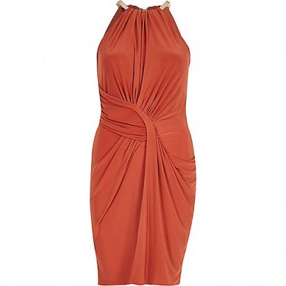 River Island Orange ruched bodycon dress. Party dresses – evening fashion – going out celebration - flipped