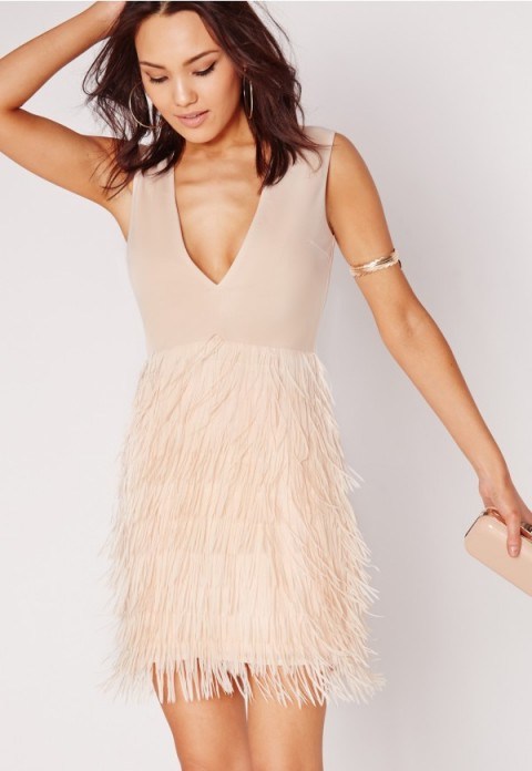 MISSGUIDED plunge fringed skirt bodycon dress nude. Party dresses | low cut evening wear | plunge front | going out | cute | feminine | plunging necklines - flipped