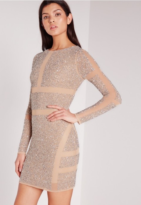 Missguided premium embellished mesh cut out mini dress silver. Nude party dresses – occasion fashion – going out – evening wear – shimmering luxe