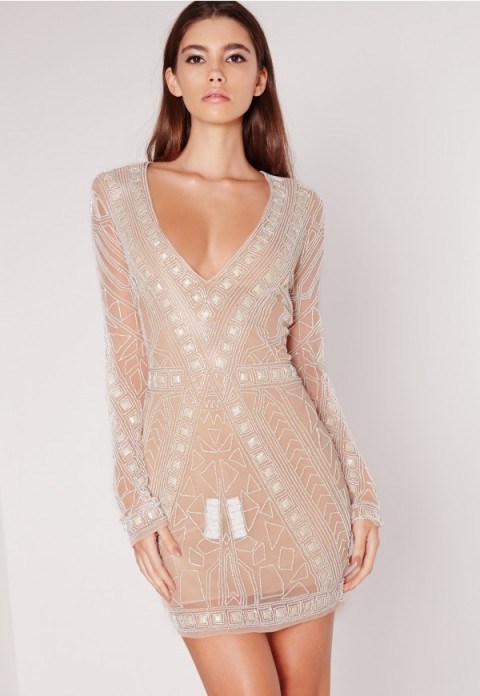 MISSGUIDED – premium embellished plunge mini dress white﻿. Plunge front | low cut party dresses | deep V necklines | plunging neckline | evening wear | going out glamour - flipped