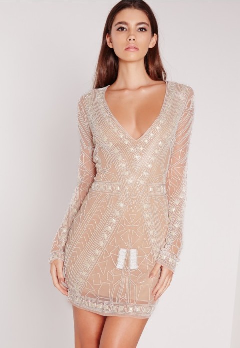 MISSGUIDED – premium embellished plunge mini dress white﻿. Plunge front | low cut party dresses | deep V necklines | plunging neckline | evening wear | going out glamour