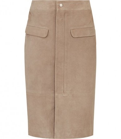 Reiss RAINE Suede Pencil Skirt in Neutral – as worn by Emily Ratajkowski out in Los Angeles, 26 February 2016. Celebrity fashion | star style skirts | what celebrities wear - flipped