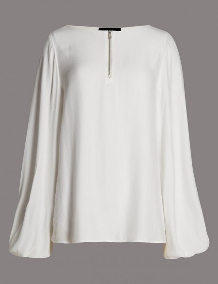 M&S AUTOGRAPH New Round Neck Blouson Blouse soft white ~ blouses ~ chic tops ~ Marks & Spencer ~ fashion - flipped
