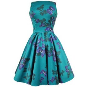 LADY VINTAGE 1950s Vintage Style Teal Butterfly Tea Dress. Retro style dresses – fit and flare 50s fashion - flipped