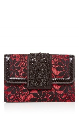 OSCAR DE LA RENTA Satin And Lace Embellished Evening Clutch – black & red – occasion handbags – designer party bags – glamour – glamorous accessories - flipped