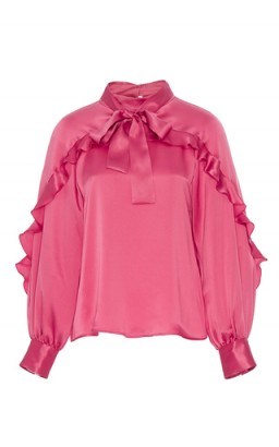 LEUR LOGETTE Silk Satin Blouse With Bow – slinky blouses – ruffles – ruffled shirts – pink tones – luxe style – pussy bow – chicfashion - flipped