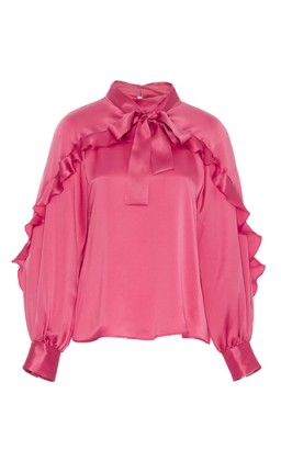 LEUR LOGETTE Silk Satin Blouse With Bow – slinky blouses – ruffles – ruffled shirts – pink tones – luxe style – pussy bow – chicfashion