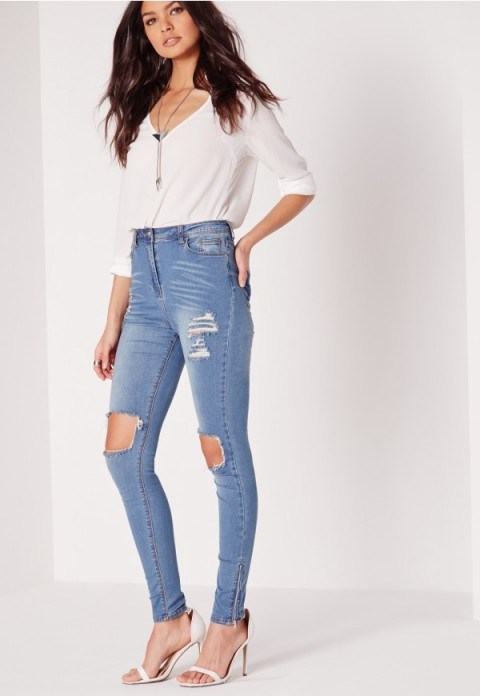 MISSGUIDED sinner high waisted busted knee skinny jeans dusty vintage. Distressed denim | light blue | ripped - flipped