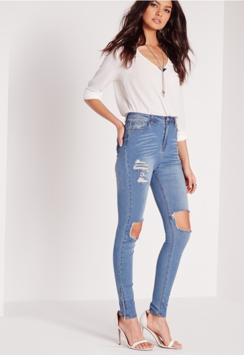 MISSGUIDED sinner high waisted busted knee skinny jeans dusty vintage. Distressed denim | light blue | ripped