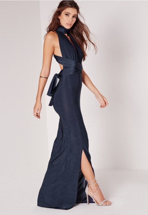 MISSGUIDED – slinky mutliway maxi dress navy. Long evening dresses – party gowns – occasion glamour - flipped