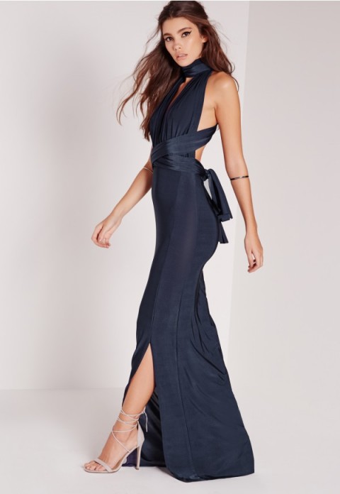 MISSGUIDED – slinky mutliway maxi dress navy. Long evening dresses – party gowns – occasion glamour