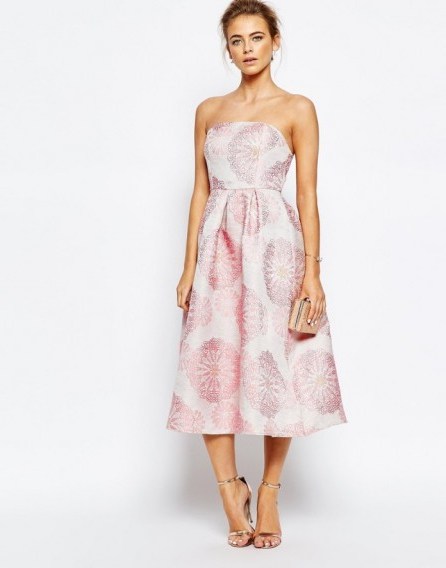 True Decadence Bandeau Full Prom Midi Dress In Floral Jacquard – pink party dresses – strapless style – occasion fashion – evening wear - flipped