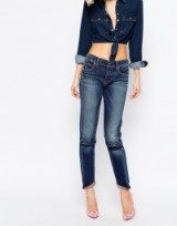 Vivienne Westwood Anglomania Girlfriend Jeans With Ripped Knee. Blue denim | casual fashion | low rise | skinny fit