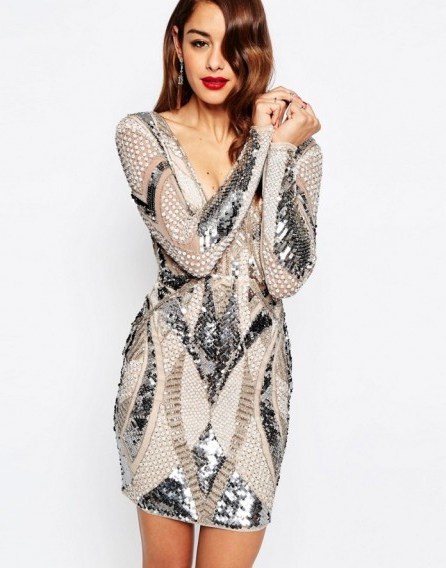 ASOS RED CARPET Embellished Deep Plunge Mini Bodycon Dress nude. shimmering evening wear – fitted long sleeved party dresses – going out glamour - flipped