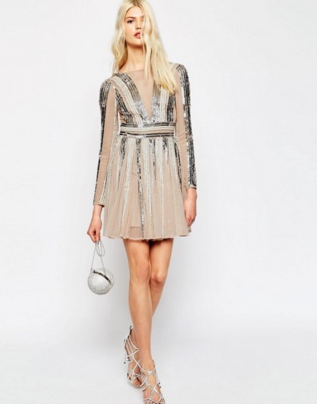 ASOS Sequin Stripe Fit And Flare Mini Skater Dress nude/silver. Shimmering party dresses – evening fashion – going out