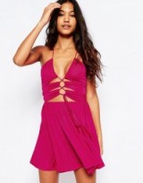 ASOS Slinky Jersey Lace Up Front Skater Beach Dress pink. Plunge front dresses | holiday fashion | plunging beachwear | sundresses | low cut sundress | summer style