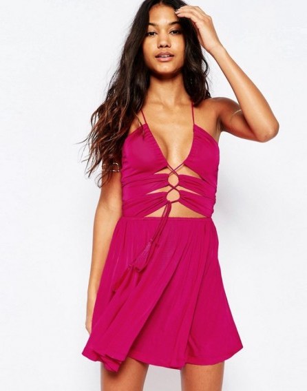 ASOS Slinky Jersey Lace Up Front Skater Beach Dress pink. Plunge front dresses | holiday fashion | plunging beachwear | sundresses | low cut sundress | summer style - flipped