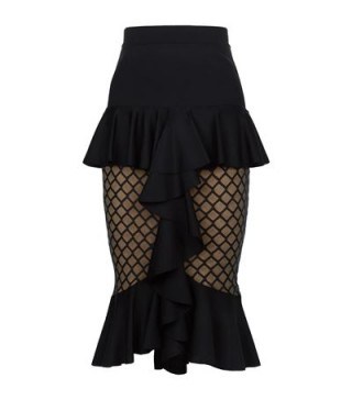 Balmain Black Ruffled Sheer Panel Pencil Skirt ~ designer fashion ~ ruffles ~ fitted skirts - flipped
