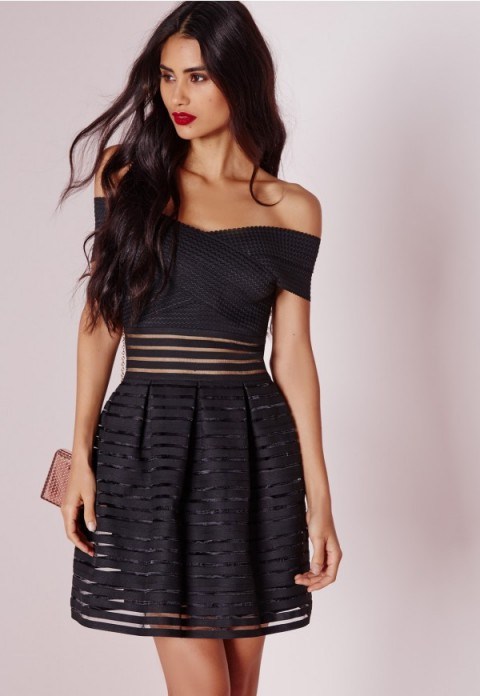 missguided bardot bandage skater dress black. Off the shoulder style – fit and flare – party dresses – occasion wear – chic lbd - flipped