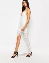 Bec & Bridge Nazar Maxi Dress in Ivory. Plunge front party dresses – long evening wear – semi sheer going out fashion – plunging – deep v neckline