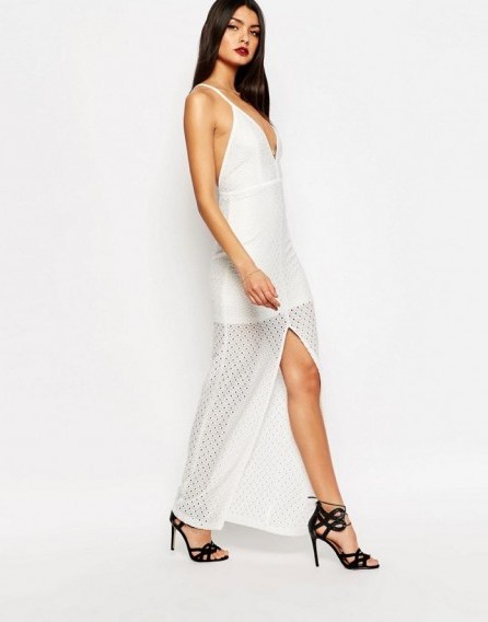 Bec & Bridge Nazar Maxi Dress in Ivory. Plunge front party dresses – long evening wear – semi sheer going out fashion – plunging – deep v neckline - flipped