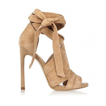 River Island Beige suede tie up shoe boots. Stiletto heel – high heels – ankle tie shoes – ankle wraps - flipped
