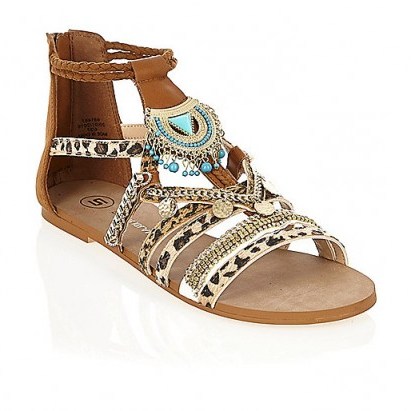 River Island Brown embellished leopard print sandals. Animal prints – summer sandal – flat holiday shoes - flipped
